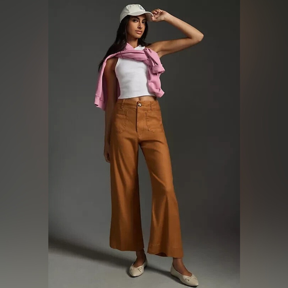 Maeve/Anthropologie Colette Cropped Wide Leg Linen Pants (Bronze, Size 26)